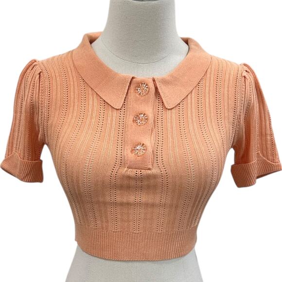 NWT For Love & Lemons Phoebe Pointelle Polo Sweater Sherbert - Picture 2 of 7